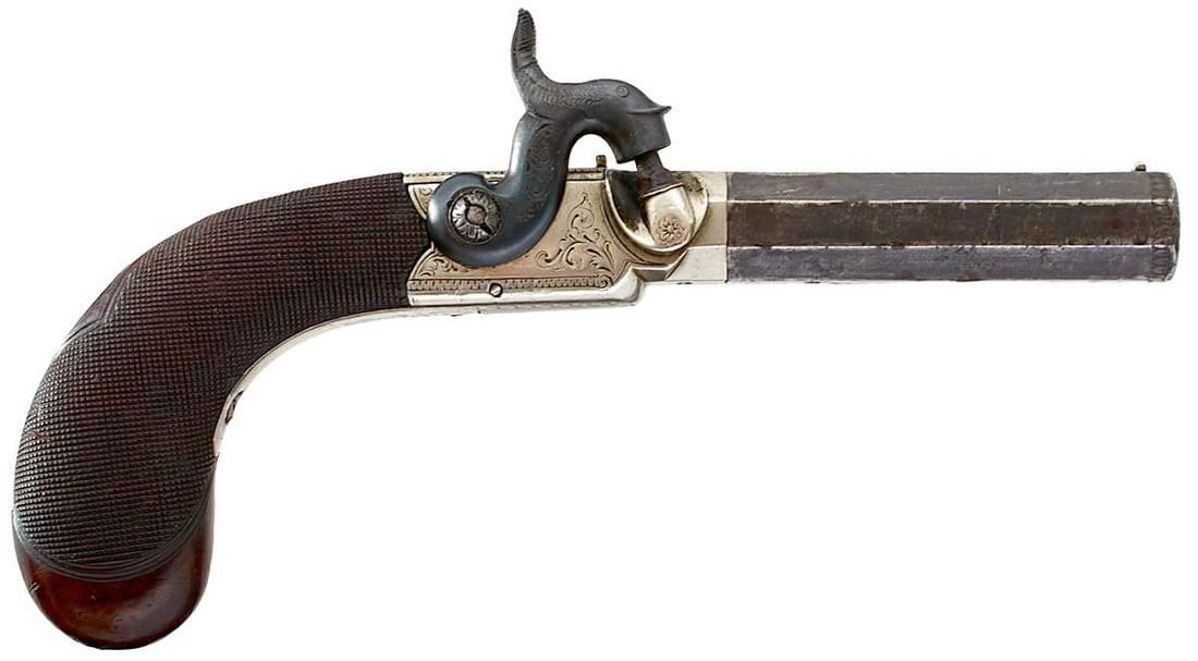 A 54-BORE PERCUSSION SIDE HAMMER POCKET PISTOL BY COURT, (1 of 12)
