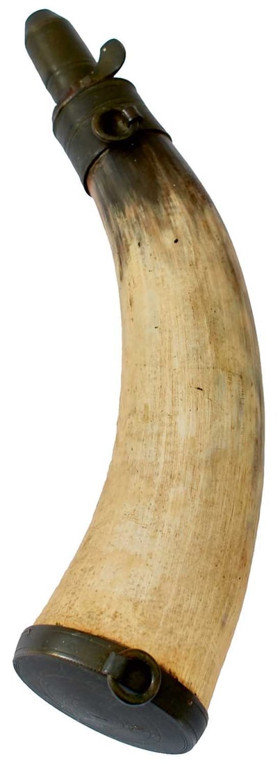 A GEORGIAN POWDER FLASK OF BAKER RIFLE TYPE, (1 of 5)