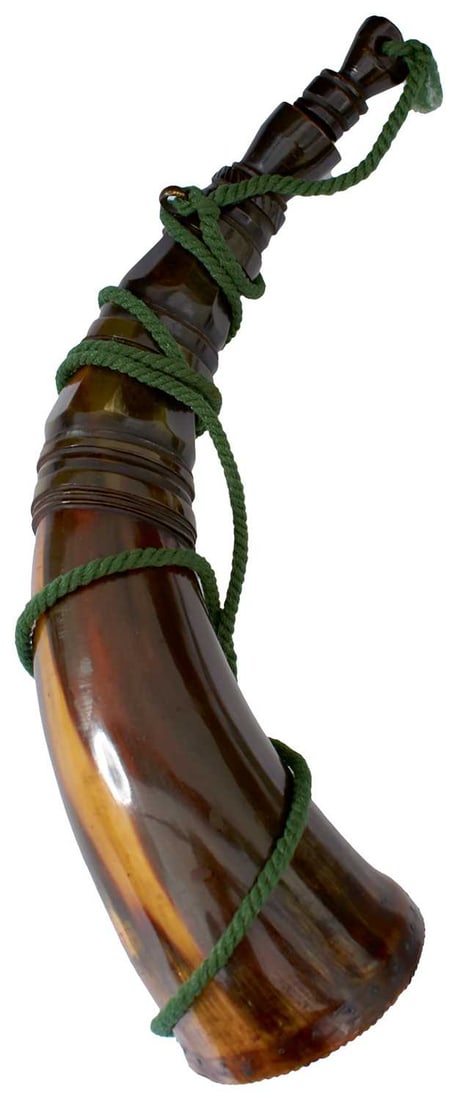 A POWDER HORN,: 11 in long, wooden base plug with ring, toothed rear edge, elaborately turned near the tip, original turned and carved stopper.