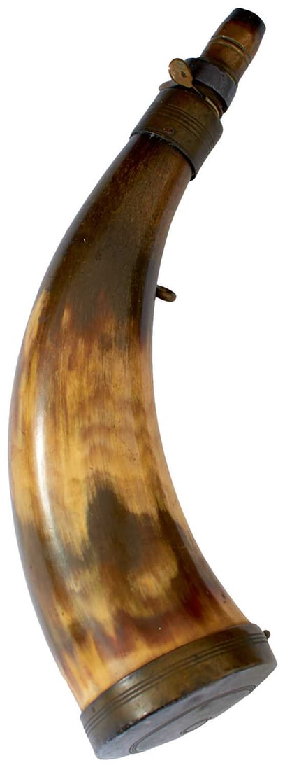 A SMALL HORN,: 10.5 in long, brass base cover with carrying ring, front carrying ring in body, brass tip with fixed spout with shutter and wrap-around spring.