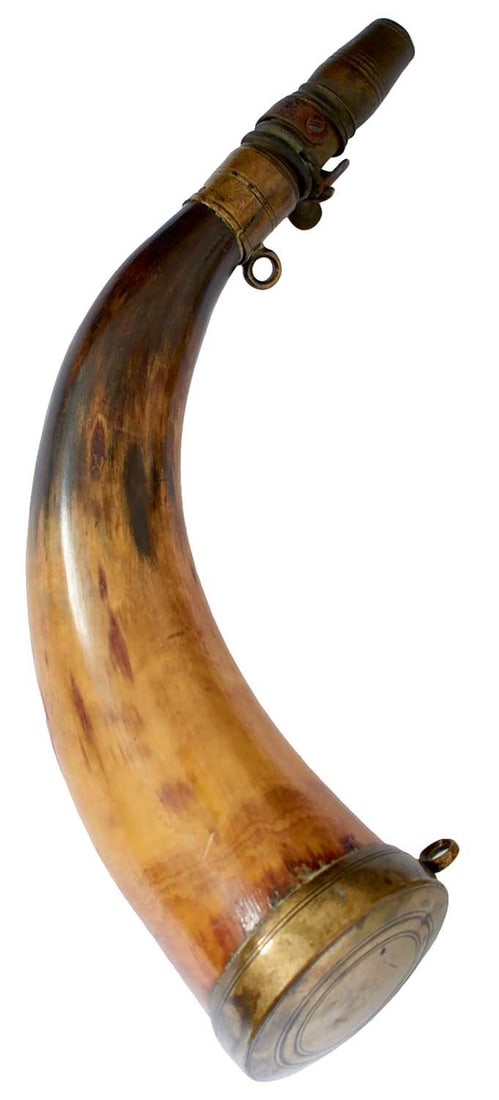 A SMALL HORN,: 9 in long, brass base cover with carrying ring, brass tip with carrying ring, fixed spout with shutter and wrap-around spring.