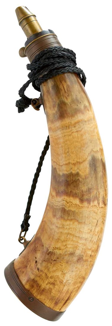 A 19TH CENTURY POWDER HORN OF MILITARY TYPE,: the polsihed horn body with turned brass bass cap and top, the latter with sprung nozzle.