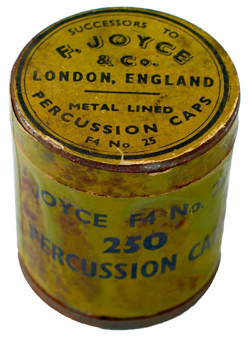 AN UNOPENED TIN OF PERCUSSION CAPS,: the green paper wrapped body and top with maker's details for F. JOYCE & CO. - F4 No.25.
