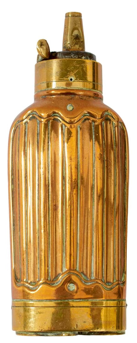 A THREE-WAY PERCUSSION POWDER FLASK,: the reeded copper body with brass base with two pivoting covers, brass top with sprung nozzle.