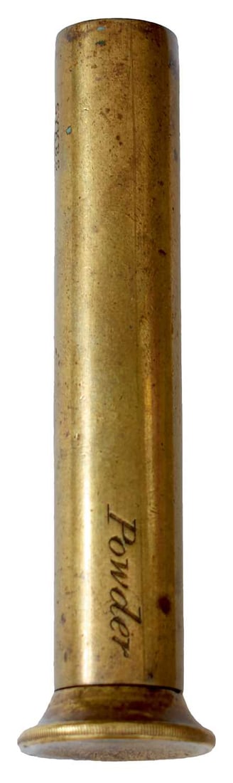 A SCARCE COMBINED SHOT AND POWDER MEASURE,: by Sykes, the cylindrical brass body stamped SYKES and engraved Shot and Powder, the base with retracting thread with graduated measurements.