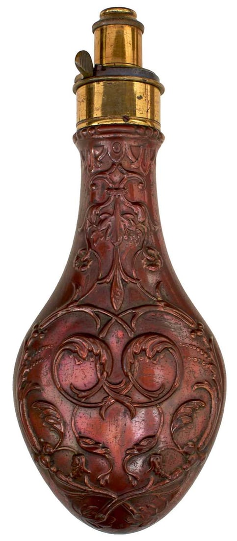 A GOOD HAWKSLEY GUN SIZED POWDER FLASK,: the embossed copper body decorated with scrolling vines and retaining virtually all of its original lacquered finish, lacquered brass top with adjustable nozzle and maker's stamp.