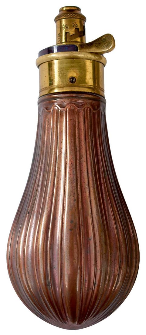 A VERY GOOD POWDER FLAST FOR PISTOL BY HAWKSLEY,: the embossed reeded copper body retaining good original lacquer, lacquered sprung brass top with blued spring and adjustable nozzle.