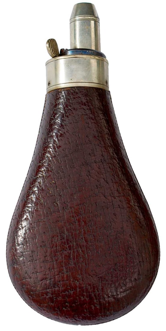A RARE PURDEY POWDER FLASK FOR A RIFLE,: the dark brown pig skin covered body with sprung white metal top, single sized charging nozzle.