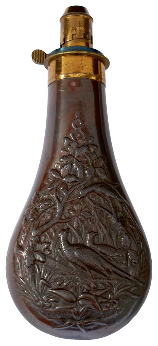 A GOOD EMBOSSED COPPER POWDER FLASK BY BARTRAM,: the embossed copper body decorated with pheasant in a woodland scene, the back with acanthus spray, retaining all of its original lacquer, lacquered brass sprung top with adjustable nozzle.