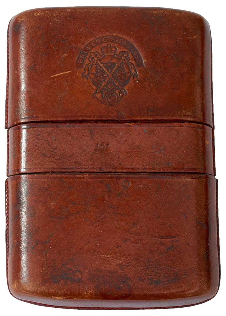 A RARE FRENCH OR BELGIAN BROWN LEATHER POUCH, (1 of 15)