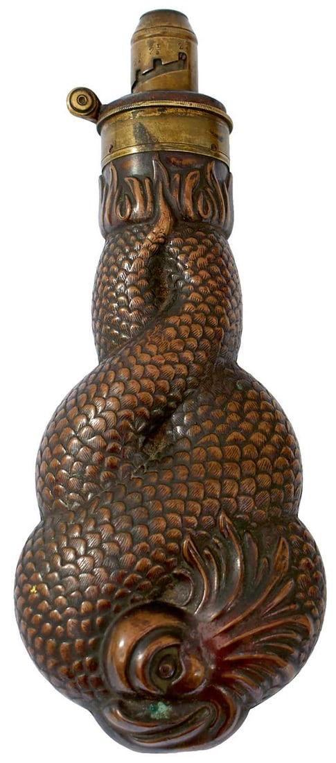 A LARGE SIZED DOLPHIN FLASK BY BARTRAM,: the embossed copper body decorated with entwined dolphins, brass top with adjustable nozzle, stamped