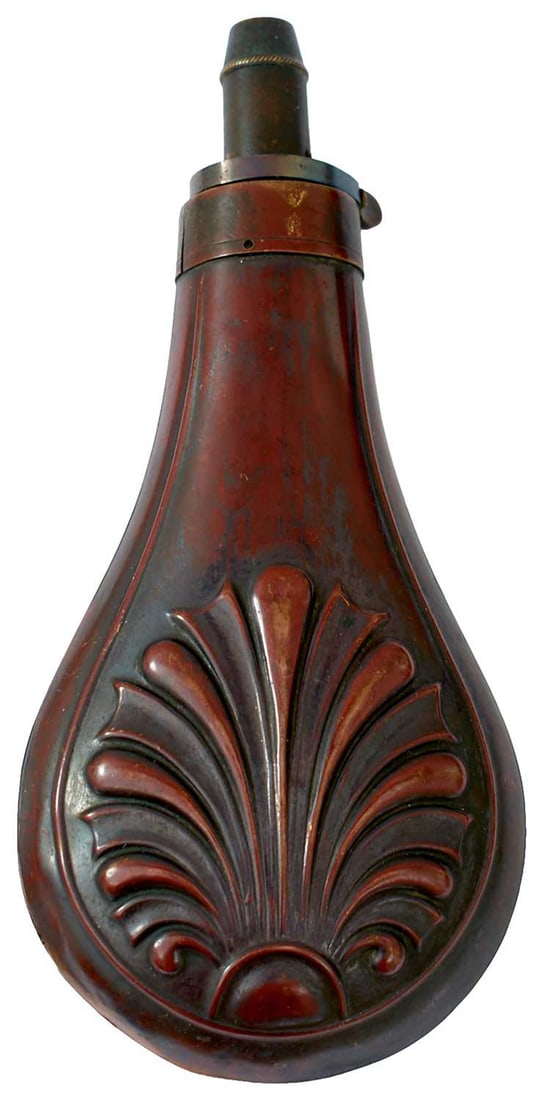 TWO LARGE SPORTING GUN FLASKS,: c.1840, the first with shell design to each side, unmarked, some small dents, the second with a different shell design, marked Dixon & Son. (2)