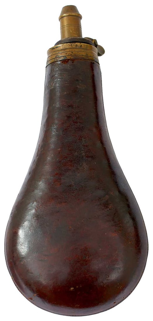 TWO LEATHER COVERED RIFLE POWDER FLASKS, (1 of 6)