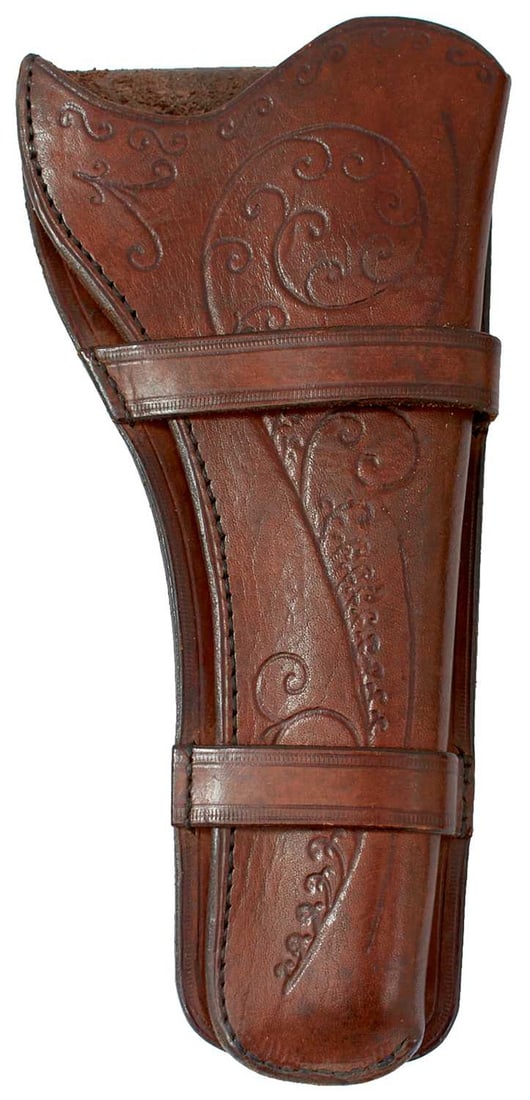 A 19TH CENTURY BROWN LEATHER HOLSTER FOR A COLT PEACEMAKER,: c.1875, frontier-made and decorated on centre band & along the edges, 1875 scratched on back.