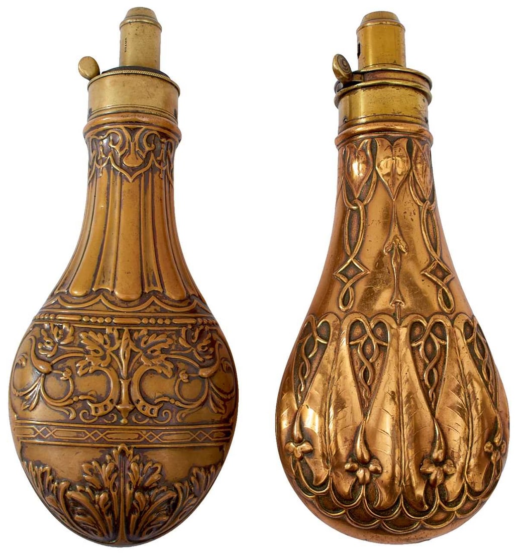 TWO EMBOSSED SPORTING GUN FLASKS, (1 of 7)