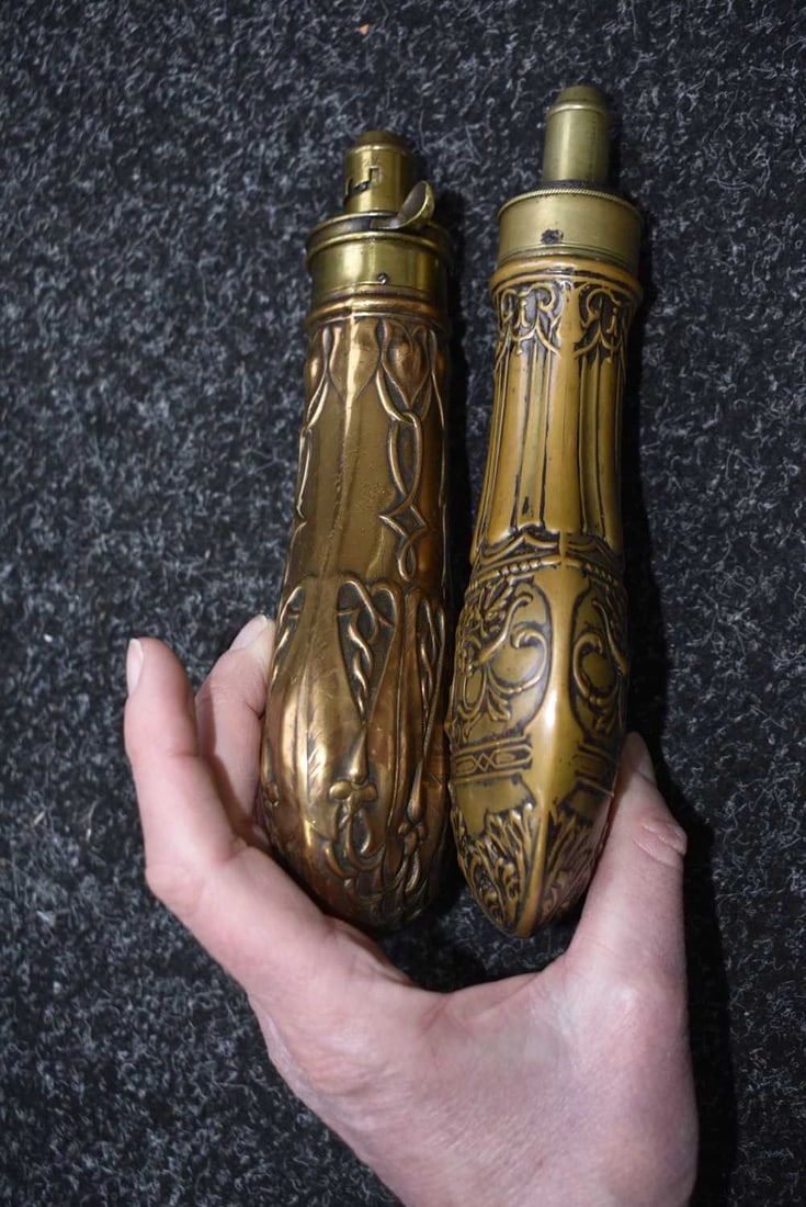 TWO EMBOSSED SPORTING GUN FLASKS, - 2