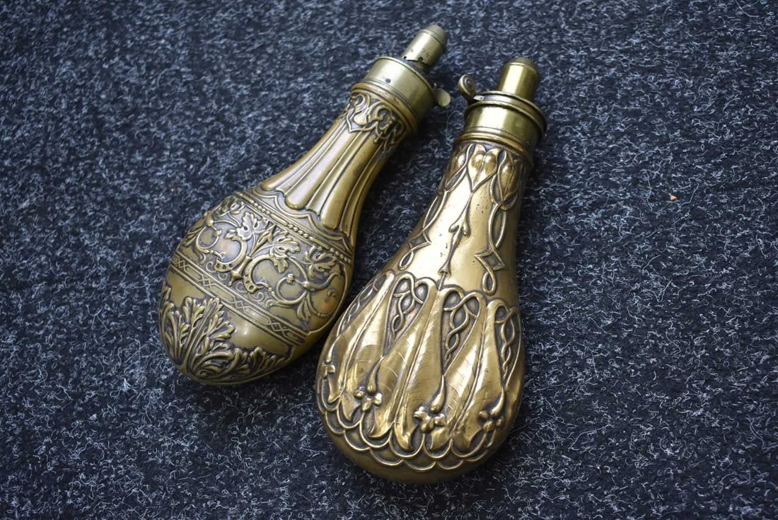 TWO EMBOSSED SPORTING GUN FLASKS, - 5