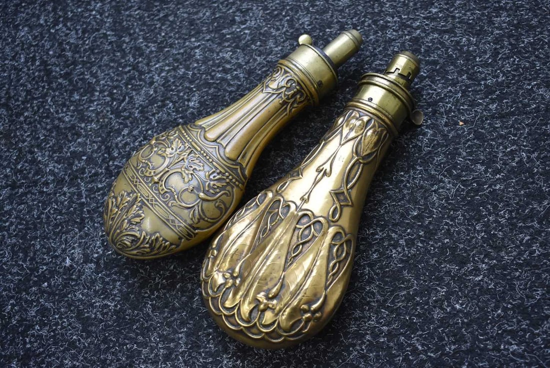 TWO EMBOSSED SPORTING GUN FLASKS, - 6