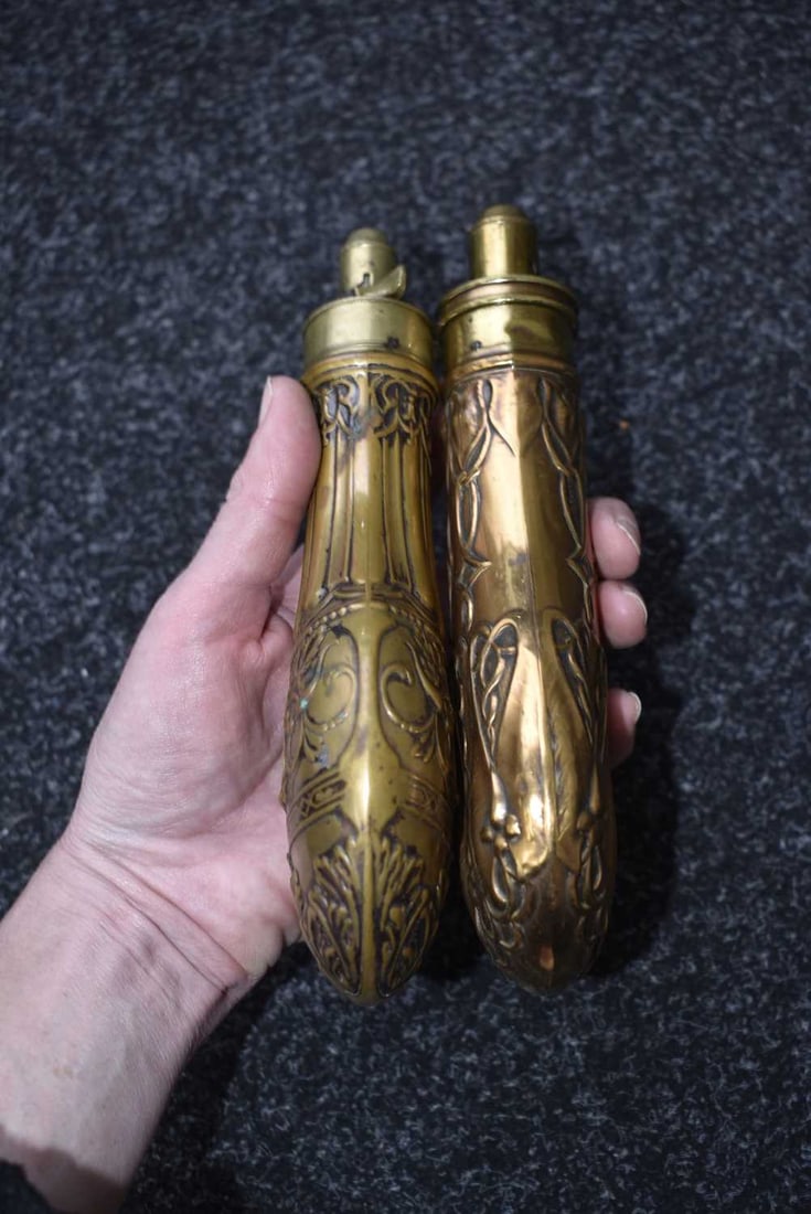 TWO EMBOSSED SPORTING GUN FLASKS, - 7