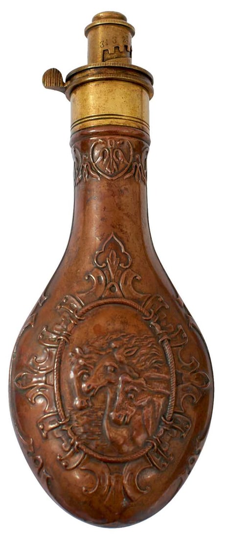 A PHARAOH'S HORSES EMBOSSED POWDER FLASK,: the copper body embossed with acanthus and scrolls and a vignette to either side containing a trio of horses, the brass top marked SYKES PATENT.