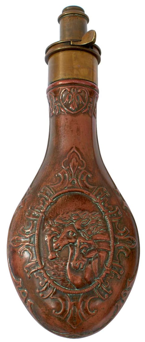 A PHARAOH'S HORSES EMBOSSED POWDER FLASK,: the copper body embossed with acanthus and scrolls and a vignette to either side containing a trio of horses, the brass top unmarked but of Sykes type.