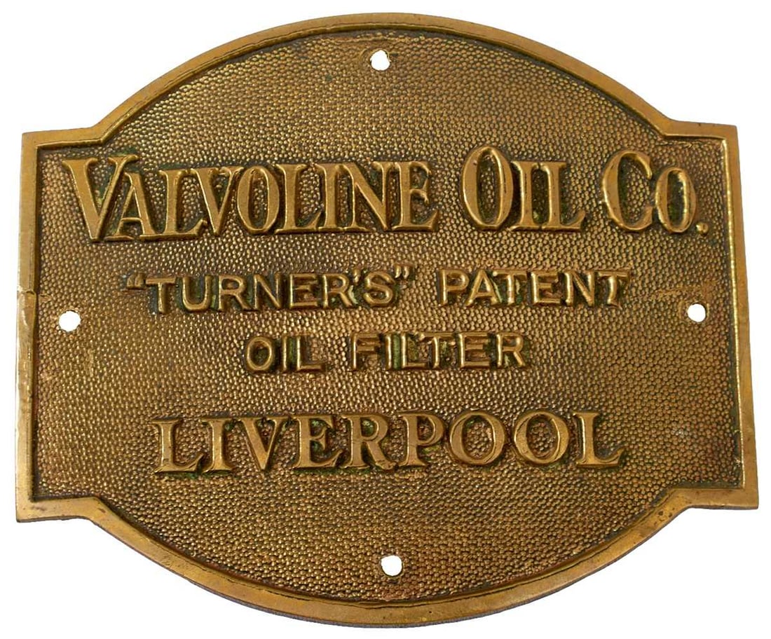 A VALVOLINE OIL COMPANY BRASS SIGN,: bevelled stippled brass plate marked VALVOLINE OIL CO. TURNER'S PATENT OIL FILTER LIVERPOOL, probably from a traction engine oil filter, together with a smaller lozenge shaped plate for Chubb &