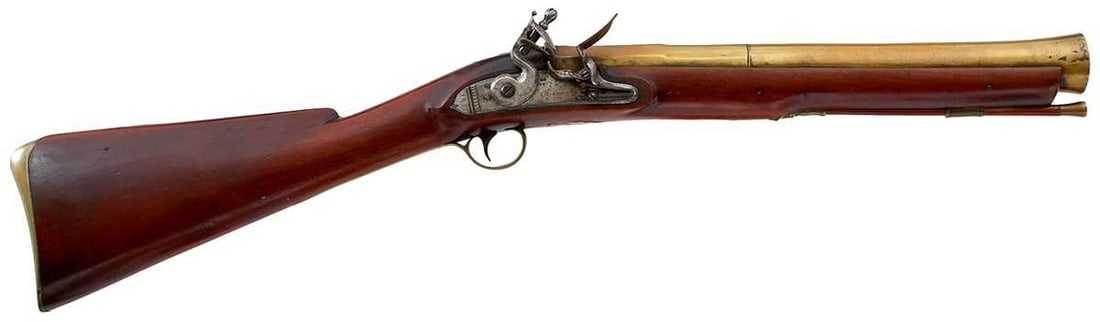 A SCARCE FLINTLOCK MAIL COACH BLUNDERBUSS BY HARDING,: 16inch two-stage early barrel engraved J. HARDING. BORO. LONDON. S., engraved around the muzzle FOR HIS MAJESTY?S MAIL COACHES, border engraved stepped lock with Inspector's stamp, signed J. HARDING