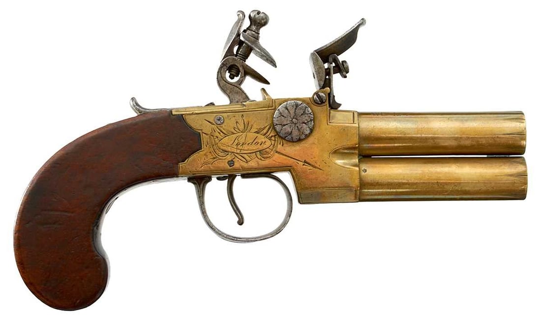 A 54-BORE FLINTLOCK OVER AND UNDER TAP ACTION POCKET PISTOL,: 2.4inch turn-off brass barrels with Irish registration mark WB 177, border engraved brass action decorated with stands of arms and signed Brasher London, tap mounted on the left side, sliding safety,