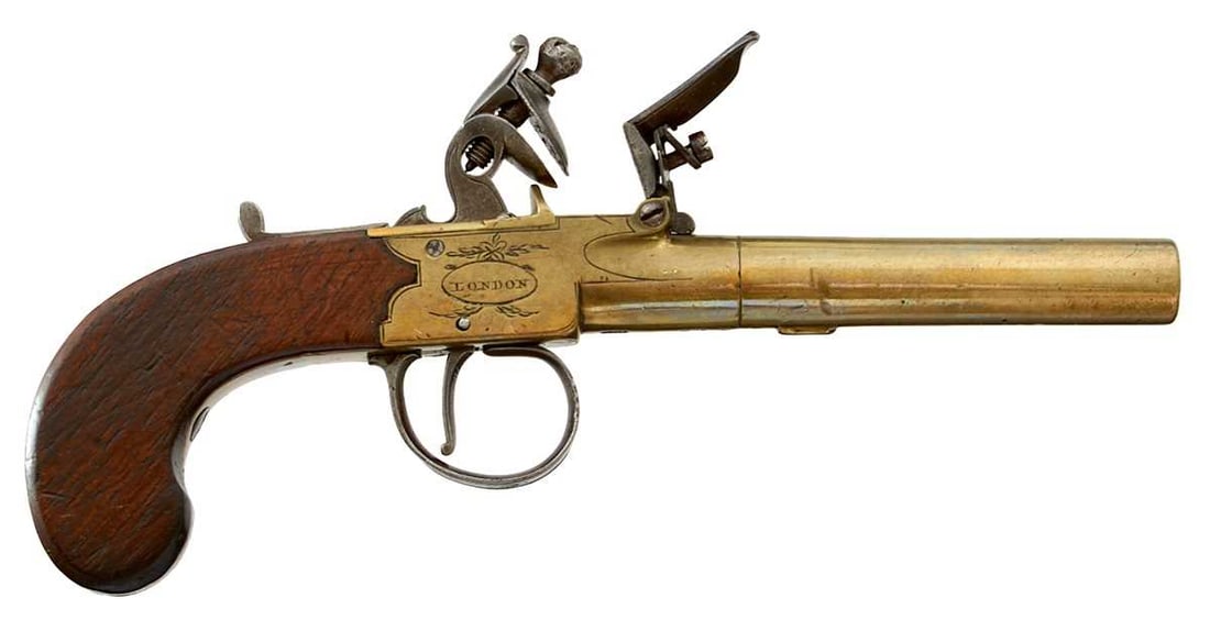 AN 80-BORE FLINTLOCK BOXLOCK POCKET PISTOL,: 3.2inch turn-off brass barrel, border and swag engraved brass action signed T. Ketland & Co. London, sliding safety, slab-sided wooden butt.