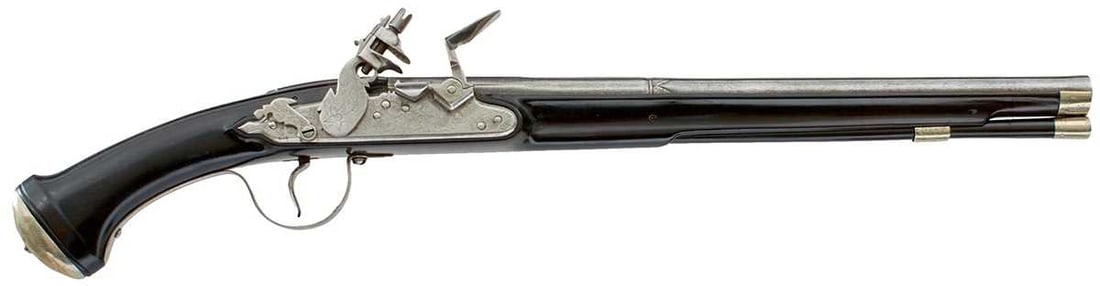 A 19TH CENTURY COPY OF A 32-BORE ENGLISH CIVIL WAR MILITARY HOLSTER PISTOL,: 13.5inch multi-stage barrel struck with an armourer's mark to the left side of the breech, vine and flower engraved stepped dog lock, full ebonised stock with polished steel mounts, white metal