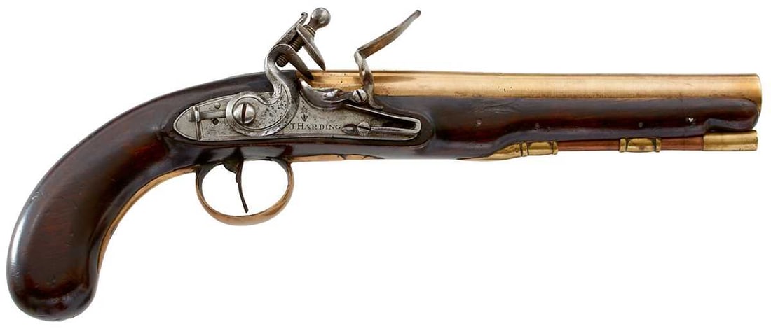 AN 18-BORE FLINTLOCK MAIL COACH PISTOL BY HARDING,: 9inch barrel engraved J. HARDING BORO LONDON S, engraved around the muzzle FOR HIS MAJESTY?S MAIL COACHES, border engraved stepped and bolted lock stamped with an Inspector's mark and signed J.