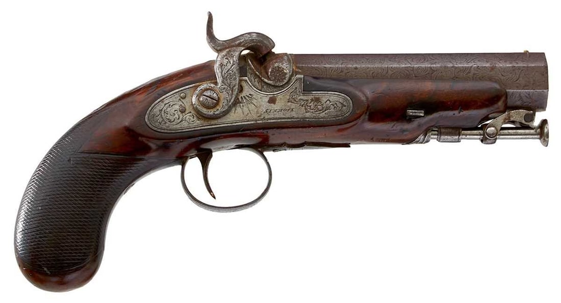 AN IRISH 14-BORE PERCUSSION MAN-STOPPER PISTOL,: 5inch sighted octagonal brown damascus barrel with Irish registration stamp, platinum lined breech, border and scroll engraved lock signed SIMMONS, full stocked with border and scroll engraved steel