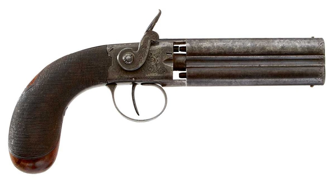 A SCARCE 50-BORE PERCUSSION INTERNAL HAMMER TURNOVER TRAVELLING PISTOL, (1 of 12)