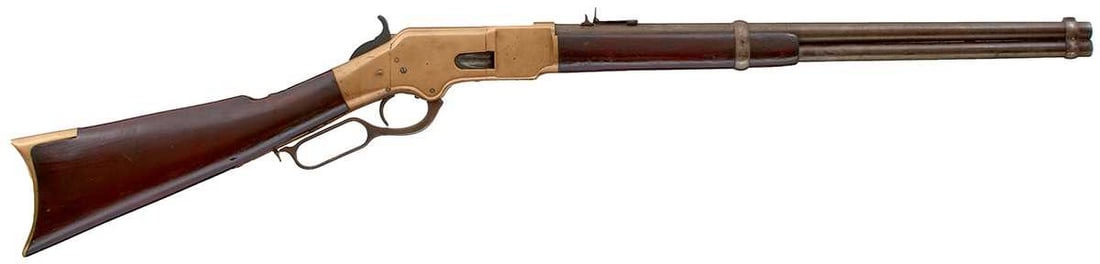 AN EARLY .44 RIMFIRE OBSOLETE CALIBRE WINCHESTER MODEL 1866 SADDLE RING LEVER-ACTION CARBINE OR: 20inch sighted round barrel with full length tube magazine, fitted with rear leaf and fixed sights and stamped with the manufacturer's details HENRY'S PATENT over KING'S PATENT, brass action stamped