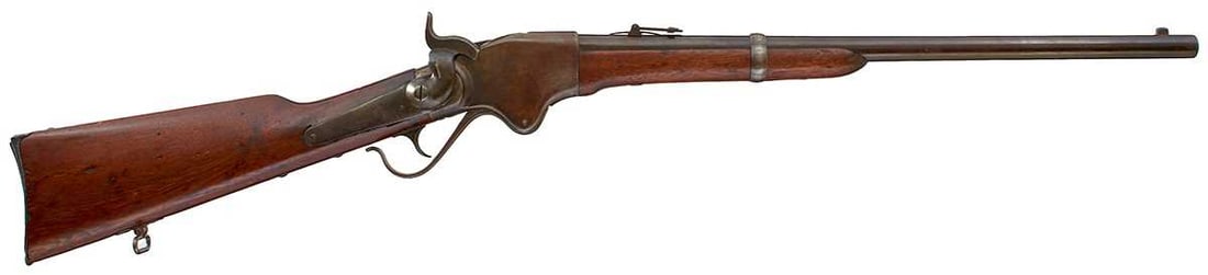 A .52 CALIBRE RIMFIRE AMERICAN CIVIL WAR PERIOD SPENCER REPEATING CARBINE,: 22inch sighted barrel fitted with rear ladder sight, the top of the action stamped with the manufacturer's details, the rear of the action stamped with the serial no. 28220, plain back action lock,