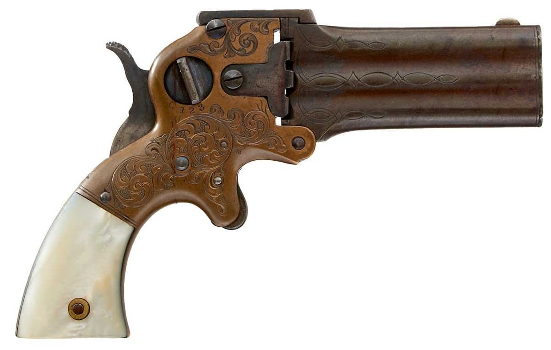 A RARE .32 RIMFIRE FACTORY ENGRAVED MARSTON THREE-BARRELLED DERINGER, (1 of 12)