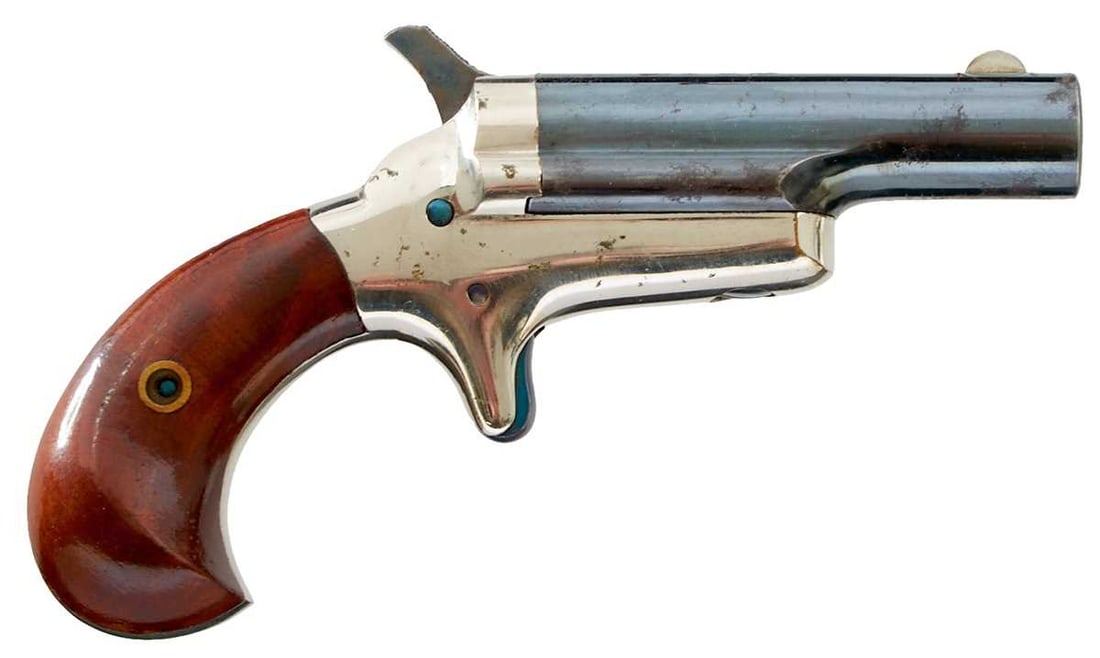 A .41 RIMFIRE THIRD MODEL COLT DERINGER,: 2.5inch sighted blued barrel stamped COLT on the top, plated frame stamped .41 CAL on the left side., blued sheath trigger, varnished wooden grips. Some losses to blue to the left side.