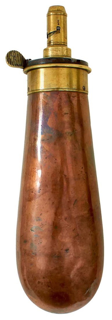 A BAG-SHAPED COPPER POWDER FLASK OF COLT NAVY TYPE, (1 of 20)
