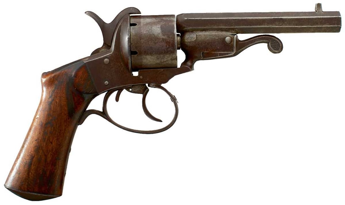 A SCARCE FRENCH 9MM SIX-SHOT PINFIRE HINGE-FRAMED REVOLVER,: 4inch sighted octagonal barrel, plain cylinder, the frame stamped to the underside JAVELLE M ST ETIENNE, the pivoting barrel released by a rotating arm beneath, plain double action frame, ergonomic wo