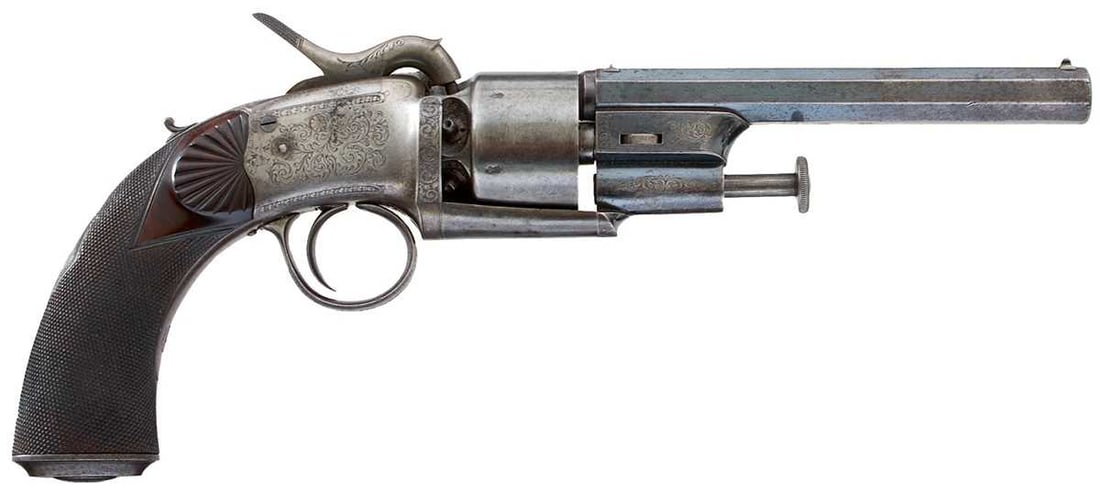 A 54-BORE SIX-SHOT PERCUSSIONAL TRANSITIONAL REVOLVER BY JOSEPH LANG, (1 of 14)