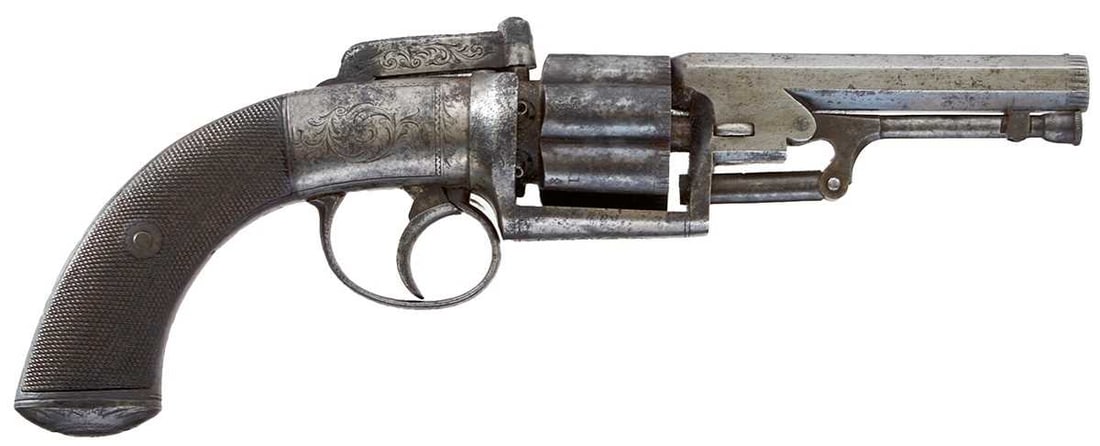 A 120-BORE SIX-SHOT PERCUSSION TRANSITIONAL REVOLVER BY OWEN POWELL OF SHEFFIELD, (1 of 12)