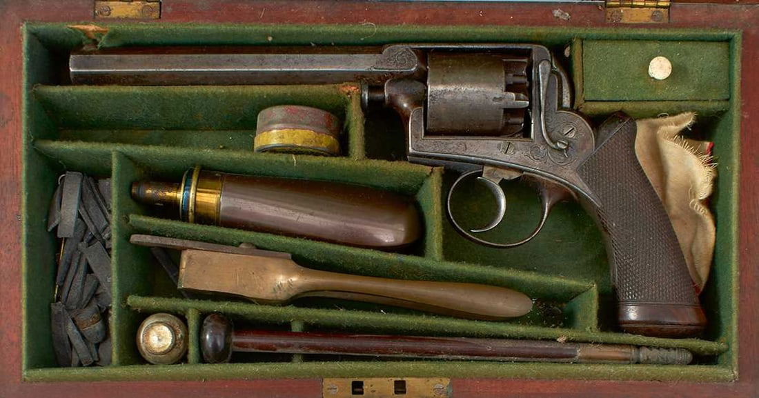 AN EARLY CASED FIVE-SHOT PERCUSSION 51 ADAMS REVOLVER BY DOOLEY, (1 of 12)