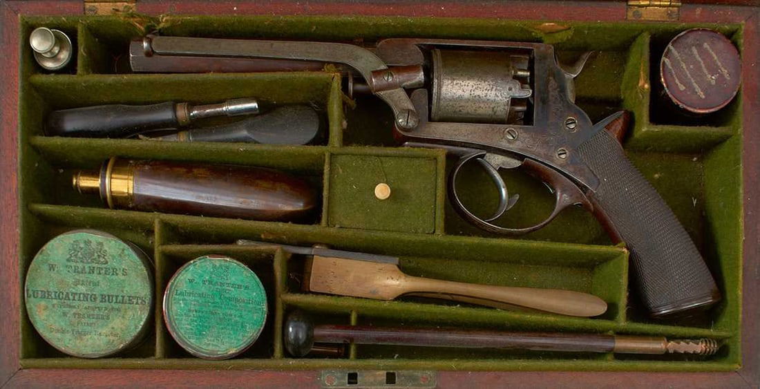 A CASED 54-BORE FIVE-SHOT PERCUSSION FOURTH MODEL TRANTER REVOLVER BY VEISEY, (1 of 15)