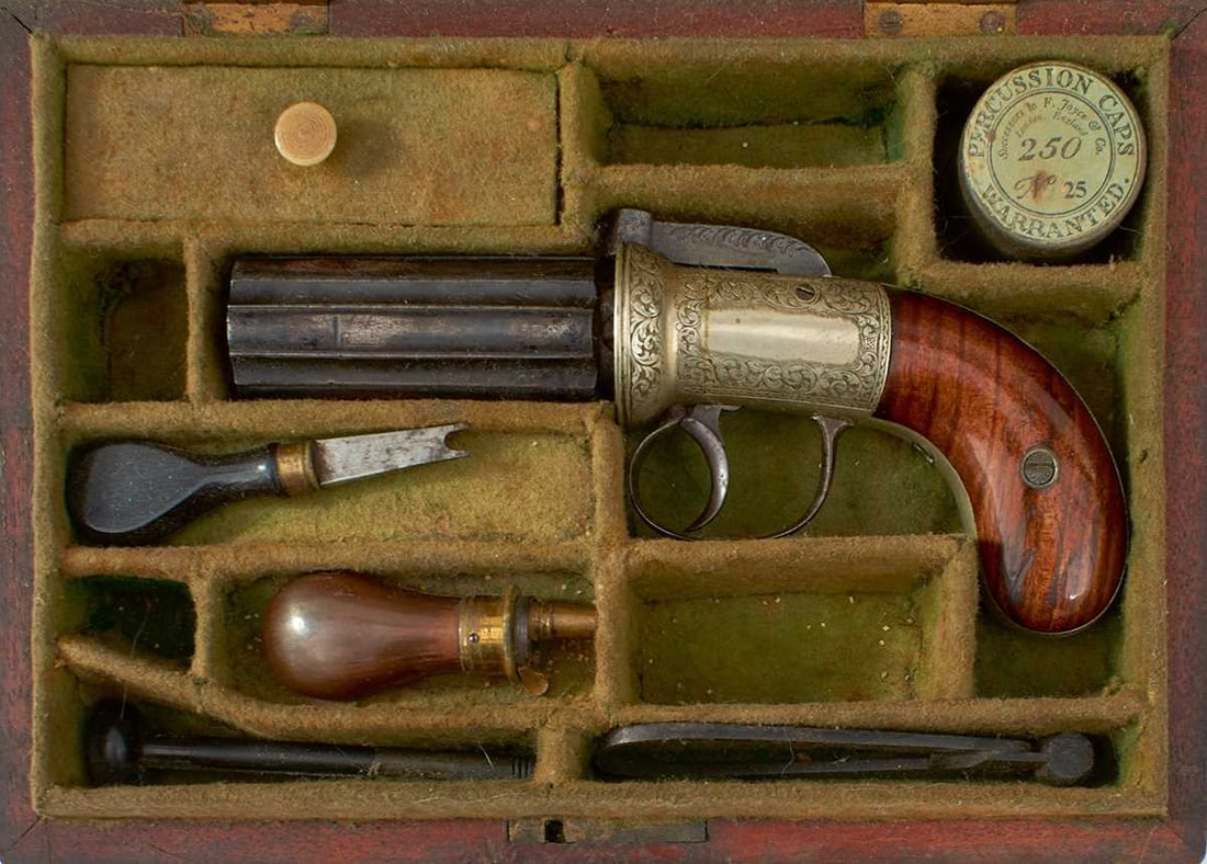 A CASED 120-BORE SIX-SHOT PERCUSSION PEPPERBOX REVOLVER, (1 of 20)