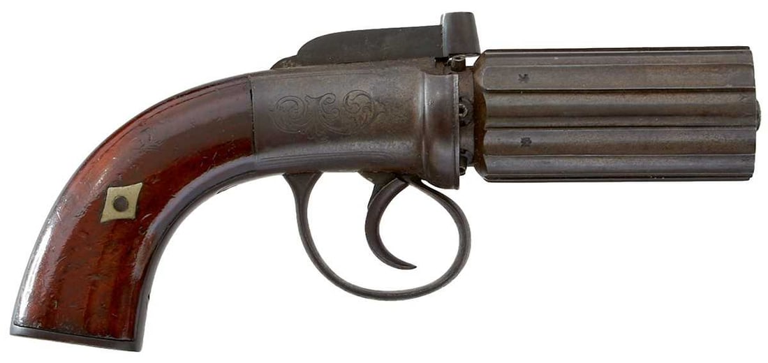 A 120-BORE SIX-SHOT PERCUSSION PEPPERBOX REVOLVER, (1 of 16)