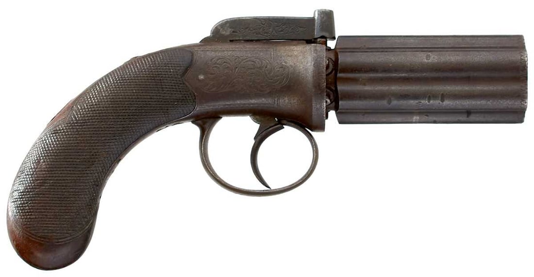 A SMALL BORE SIX SHOT PERCUSSION PEPPERBOX REVOLVER BY FLETCHER OF GLOUCESTER, (1 of 12)