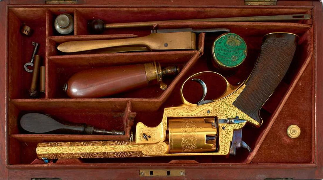 A FINE CASED 54-BORE GOLD PLATED FIVE-SHOT PERUSSION ADAMS REVOLVER, (1 of 20)