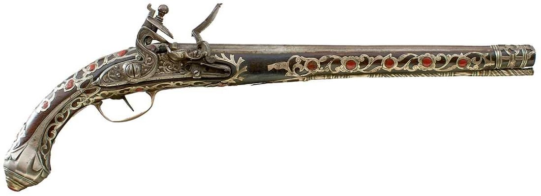 A SCARCE 18-BORE SILVER AND CORAL MOUNTED ALGERIAN FLINTLOCK HOLSTER PISTOL, (1 of 20)