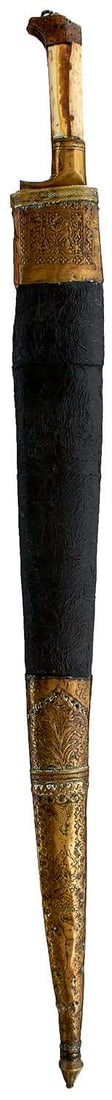 A LARGE KHYBER KNIFE,: 61.5cm T-section blade chiselled with geometric designs at the forte, characteristic brass mounted hilt with two-piece riveted bone grips, in its brass mounted leather wrapped wooden scabbard,