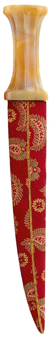 A 20TH CENTURY INDIAN JAMBIYA,: 29cm damascus blade with raised medial ridge and armour piercing tip, characteristic polished stone hilt, in its red cloth covered wooden scabbard, together with an axe head and a pole-arm head. (3)